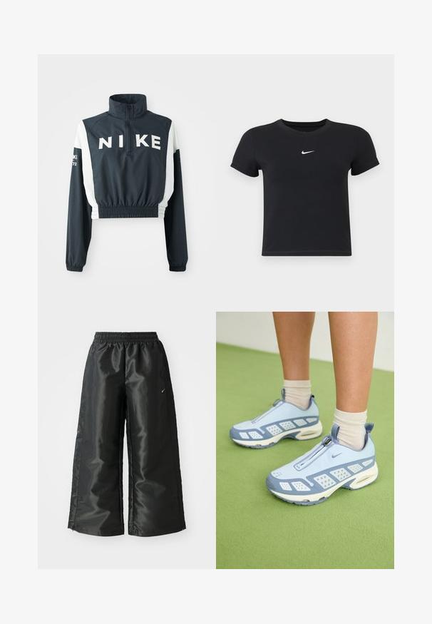 Nike lühikeste varrukatega jakk kõrge kaelusega, tume tumesinine keha, valged varrukad, elastne äär, suur logo ees ja väikesed tekstilised aktsendid varrukatel.; Must have lühikeste varrukatega must t-särk, mis on valmistatud puuvillast ja millel on ümar kaelus. Ees on valge Nike logo, minimaalne disain ja sobiv kuju.; Mustad mustad sportsipüksid läikiva, siledaga kangaga, pa elastse vöökoha, laia sääre ja väikese logoga vasakul küljel.; Heledad sinised spordijalatsid valgete detailidega, tekstuuriga paneelid ja tõmblukk. Omab nähtavat õhuklotsiga tallat ja kummist välispinda.