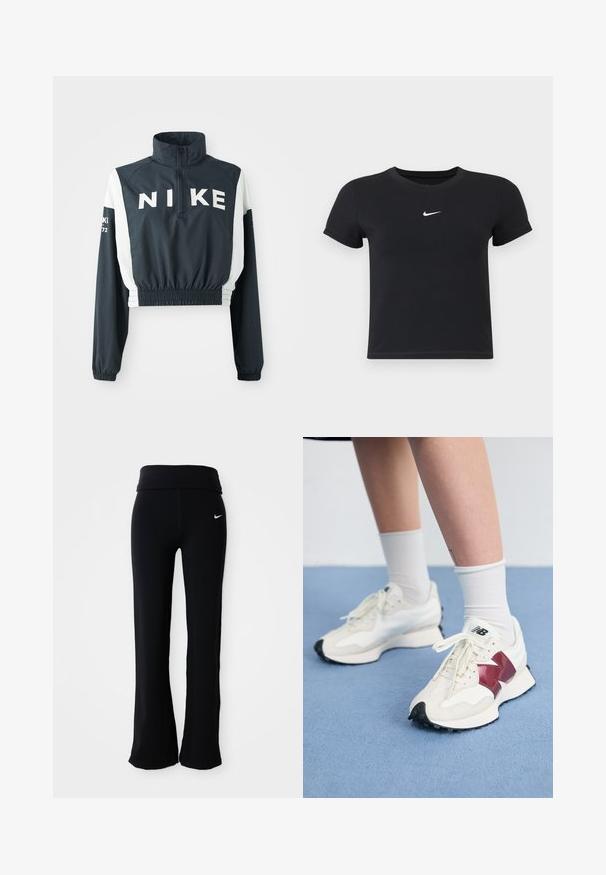 Nike cropped jakke med høy krage, mørk marineblå kropp, hvite ermer, elastisk kant, stort logo på fronten, og små tekstdetaljer på ermer.; Svart T-skjorte med kort arm laget av bomull med rund hals. Har en hvit Nike-logo på brystet, minimalistisk design og tettsittende fasong.; Sorte treningstights med bred linning, laget av et mykt, elastisk materiale. Har en liten, hvit Nike-logo på hoften.; Par med hvite joggesko med bordeaux detaljer, teksturerte paneler, flat svart yttersåle og lette snøringer, iført hvite ankelstrømper.