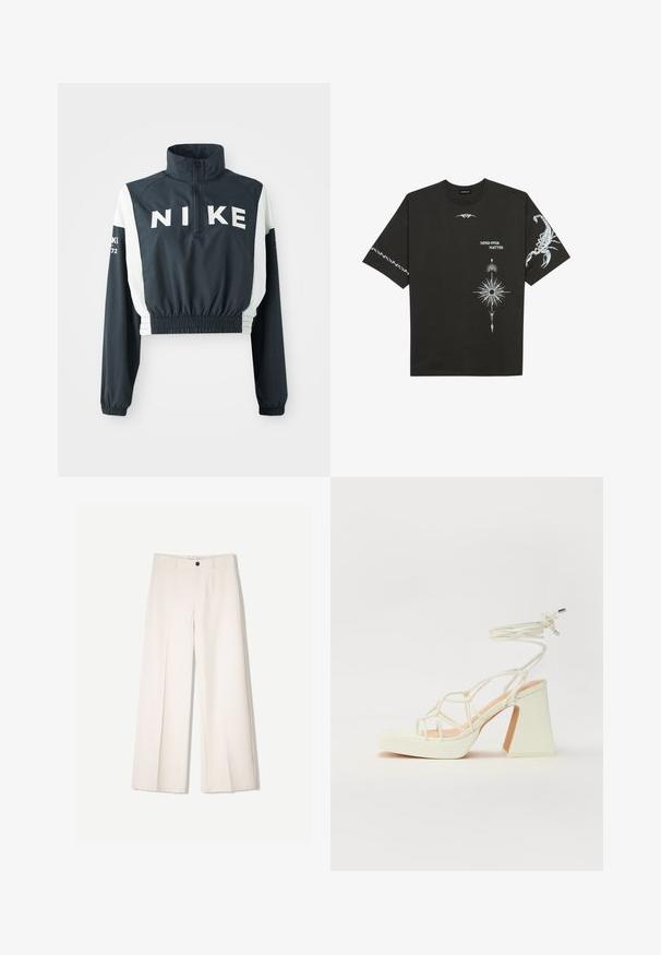 Nike kratka jakna s visokim ovratnikom, tamnoplave boje, bijelim rukavima, elastičnim rubom, velikim logotipom sprijeda i malim tekstualnim naglasima na rukavima.; Crna pamučna majica s bijelim grafičkim printovima, uključujući škorpiona i apstraktne dizajne. Kratki rukavi; okrugli izrez.; Kreme hlače širokih nogavica s krojem koji je prilagođen, s dva prednja džepa i jednim prednjim zatvaranjem na gumb, izrađene od glatkog materijala.; Bijela sandala na visokoj potpetici s debelim petom, s remenom i vezanjem oko gležnja. Glatka tekstura s platformom sprijeda za dodatnu visinu.
