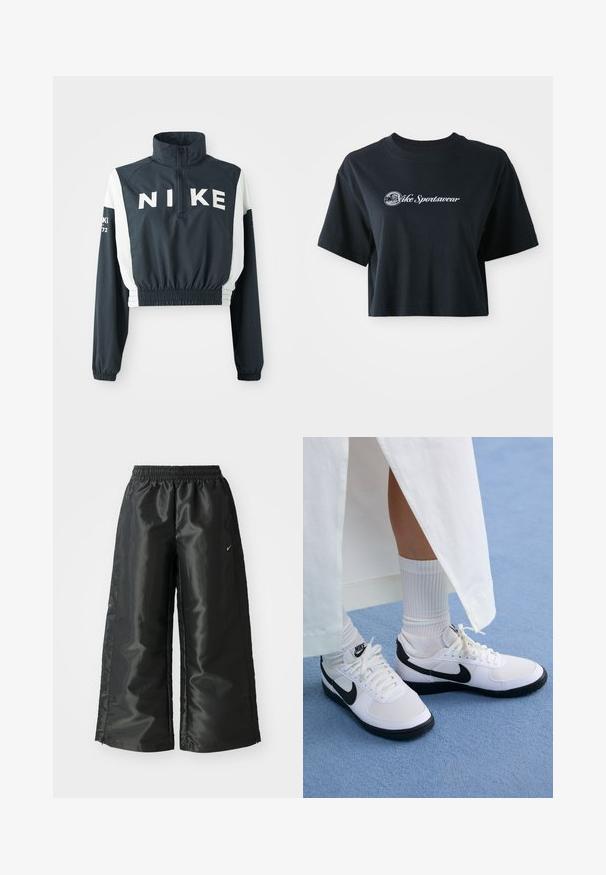 Nike kratka jakna s visokim ovratnikom, tamnoplave boje, bijelim rukavima, elastičnim rubom, velikim logotipom sprijeda i malim tekstualnim naglasima na rukavima.; Skraćena crna pamučna majica s kratkim rukavima, s bijelim natpisom "Vice Sportswear" i kružnom grafikom sprijeda.; Crne sportske hlače od sjajnoga, glatkog materijala, s elastičnim pojasom, širokim nogavicama i malim logom na lijevoj strani.; Bijele Nike tenisice s crnim detaljima, sa glatkim gornjim dijelom od kože, bijelim vezicama i čvrstim gumenim potplatima, uparene s bijelim rebrastim čarapama.