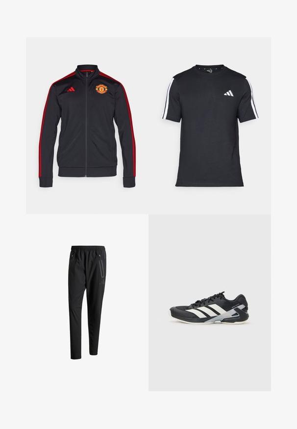 Melns jaku ar rāvējslēdzēju, ar sarkanām svītrām un aprocēm, ar Manchester United logotipu kreisajā pusē. Izgatavota no gludas auduma.; Melna kokvilnas T-kreklā ar īsām piedurknēm, uz kurām ir baltas svītras plecu daļā un balts logos kreisajā krūtīs.; Melni sporta bikses ar elastīgu vidukli, divām kabatām ar rāvējslēdzējiem sānos, sašaurinātām kājām un diskrētu logo detaļu uz gurniem.; Melnas sporta kurpes ar baltām svītrām, acs augšdaļa, noapaļots pirksts un mīksts zole. Iespējams ar teksturētu papēdi un drošu šņoru sistēmu.