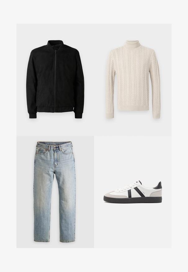 Melnā bombojakā ir rāvējslēdzis, ribota apkakle un aproces, kā arī gluda struktūra. Izgatavota no izturīga, mīksta materiāla.; Beidge, adīts džemperis ar augstu, ribotu apkakli. Iezīmē teksturētu kabeli un ribotas aproces un apakšu, nodrošinot siltu izskatu.; Gai zila denima bikses ar augstu jostasvietu, priekšējo pogu, rāvējslēdzēju un piecu kabatu dizainu, izlīdzinātas uz neitrāla fona.; Baltas sneakeris ar melniem un pelēkiem akcentiem, kuram ir teksturēts pelēks purngals, melna gumijas zole un plakanas baltas šņores. Tīrs dizains, minimālisma stils.