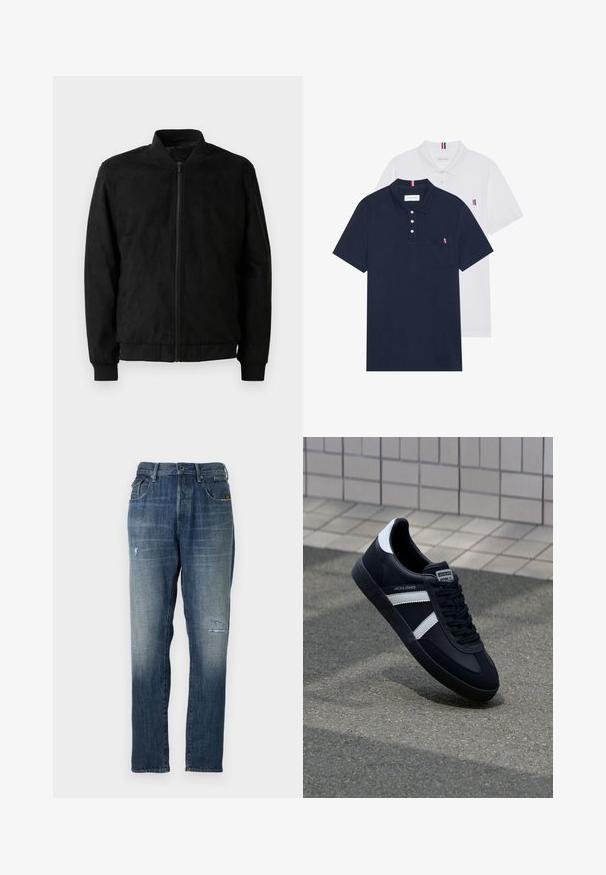 Zwarte bomberjack met ritssluiting, ribbelkraag en -manchetten, en een gladde textuur. Gemaakt van een duurzame, zachte stof.; Twee polo shirts: één marineblauw en één wit, beide met een kleine rood, wit en blauwe accent op de borstzak en kraag.; Denim jeans in een vervaagde blauwe kleur, met een recht model, gematigde beschadigingen aan de voorkant en een klassieke vijf-pocket stijl.; Zwarte leren sneaker met witte strepen, een gestructureerde rubberen zool en vetersluiting aan de voorkant. Voorzien van een merklabel op de tong.