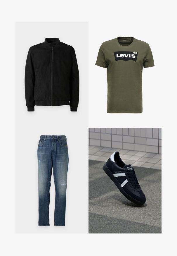 Giubbotto bomber nero con chiusura a zip, colletto e polsini a coste, e texture liscia. Realizzato in un materiale resistente e morbido.; T-shirt di cotone verde oliva con un grande logo nero di Levi's sul davanti. Collo girocollo classico e maniche corte, consistenza liscia.; Jeans in denim con un colore blu sbiadito, design a gamba dritta, leggera usura sulla parte anteriore e un classico stile a cinque tasche.; Sneaker neri in pelle con strisce bianche, suola in gomma texturizzata e allacciatura frontale. Presenta un'etichetta con il marchio sulla linguetta.
