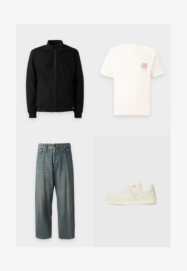 Μαύρο bomber jacket με φερμουάρ, ριμπ γιακά και μανίκια, και λεία υφή. Φτιαγμένο από ανθεκτικό, μαλακό υλικό.; Άσπρη κοντομάνικη μπλούζα με κόκκινο κείμενο "Studio Originals Edition" στο αριστερό στήθος, παρουσιασμένη σε ουδέτερο γκρι φόντο.; Ανοιχτό μπλε τζιν παντελόνι με χαλαρή γραμμή, μέση μέσου ύψους και ευθείες γραμμές. Περιλαμβάνει πέντε τσέπες, θηλιές ζώνης και κούμπωμα με κουμπί.; Αθλητικό παπούτσι σε κρέμα χρώμα με διάτρητη λεπτομέρεια, κορδόνια και λογότυπο στο πλάι, τοποθετημένο σε λευκό φόντο.