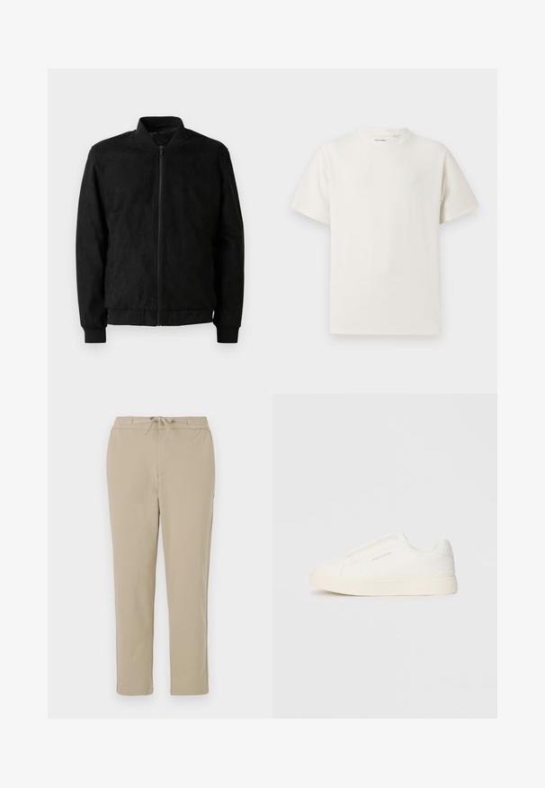 Musta bomber-takki, jossa on vetoketjukiinnitys, resorit kauluksessa ja hihoissa sekä sileä pinta. Valmistettu kestävästä, pehmeästä materiaalista.; Valkoinen lyhythihainen T-paita ribbikuviossa. Pyöreä kaula-aukko, rento istuvuus, ei näkyviä kuvioita tai yksityiskohtia. Yksinkertainen ja monikäyttöinen muotoilu.; Beige lounge pants dengan sabuk elastis dan tali serut, menampilkan desain kaki lurus dan tekstur yang lembut serta halus.; Valkoiset liukusukat, joissa on teksturoitu pinta, paksu pohja ja minimalistikot. Sivulla on brändin logo.