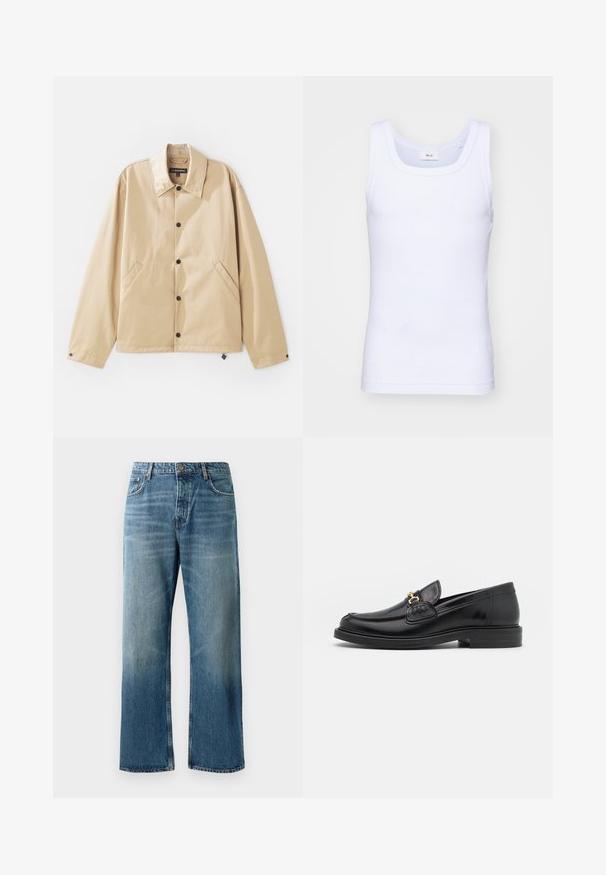 Kerge pruun jope, millel on krae, nööbiga sulgemine, küljetaskud ja sile tekstuur. Kätkeb endas brändi etiketti.; Valge puuvillane golfi särk ilma varrukateta, ümmarguse kaelusega, sileda tekstuuri ja sobiva lõikega, mõeldud igapäevaseks kandmiseks.; Heledad sinised laiad teksad, millel on pleekinud pesu, koos ühe nupuga kinnitusega, viie taskuga ja kontrastõmblustega.; Mustad nahast loafers ümarate varvastega, millel on kuldne riistvaraline aksessuaar ja tikandite detail, paigutatud madalale, tekstureeritud kummist tallale.