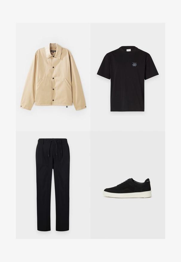 Tan lightweight jacket with a collared neck, snap-button closure, side pockets, and a smooth texture. Features a branded label inside.; Black cotton t-shirt with a crew neck and short sleeves. Features a small blue logo on the left chest. Simple, straight-cut design.; Black trousers made of smooth fabric, featuring a drawstring waist, straight legs, and front pleats for a structured look.; Black suede sneaker with lace-up design and contrasting white rubber sole. Features textured side panels and subtle branding on the heel.