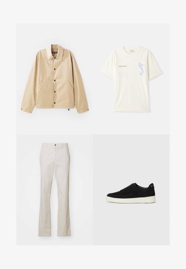 Tan lightweight jacket with a collared neck, snap-button closure, side pockets, and a smooth texture. Features a branded label inside.; White cotton t-shirt with short sleeves, featuring “United By Rhythm” text in black and blue graphic on the chest. Round neck design.; J.LINDEBERG LOIS CLOUD PANTS - Trousers - moonbeam; Black suede sneaker with lace-up design and contrasting white rubber sole. Features textured side panels and subtle branding on the heel.