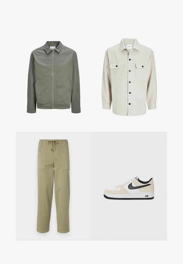 Jack & Jones JJWINSON WORKER - Lehká bunda - agave green; Bežová flanelová košile s límcem, obsahující dvě náprsní kapsy, černé knoflíky a dlouhé rukávy s zapínáním na knoflíky.; Pantalony světle olivové barvy vyrobené z bavlněné směsi, s elastickým pasem na šnůrku a dvěma velkými bočními kapsami.; Tenisky s lehkým béžovým semišem a horní částí z bílé kůže, černý Nike swoosh, černé akcenty a bílá gumová podrážka s logem "AIR".