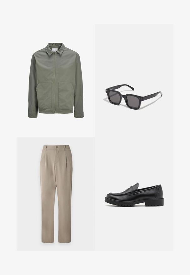 Jack & Jones JJWINSON WORKER - Let jakke / Sommerjakker - agave green; Hvid kortærmet t-shirt lavet af blødt stof. Rund halsudskæring, afslappet pasform og enkelt design uden udsmykninger eller mønstre.; Khaki bukser med lige ben, der har en knaplukning og plisseret foran. Fremstillet af glat stof med mat finish.; Sorte læder loafers med rund tå, slip-on design og tyk gummisål med tekstureret greb. Forhøjet hæl og subtile syninger.; Sorte rektangulære solbriller med mørke linser, der har en tyk ramme, subtile detaljer på siderne og uden synlige logoer udover mærkenavnet.