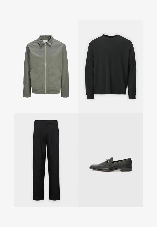 Jack & Jones JJWINSON WORKER - Lichte jas - agave green; Zwarte longsleeve T-shirt van katoen, met een ronde halslijn, een losse pasvorm en geribbelde boorden. Glad oppervlak zonder zichtbare patronen.; Zwarte broeken van gladde stof, met een recht model, twee voorknikken en een standaard tailleband met riemlussen.; Zwarte leren instapper met een gladde afwerking, voorzien van een gestikt ontwerp en een decoratieve metalen kettingaccent over de wreef. Platte hak.