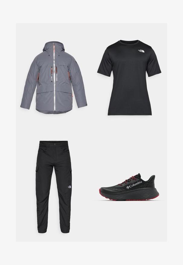 Insulated gray jacket with a hood, featuring black and orange zippered pockets, a full front zipper, and adjustable cuffs. Water-resistant material.; Black short-sleeve t-shirt made of lightweight, moisture-wicking fabric. Features a white logo on the left chest and a crew neckline.; The North Face HORIZON PANT - Outdoor trousers - black; Black athletic shoe with textured upper, red laces, and logo. Thick sole with patterned tread for traction. Minimalist design, side view.