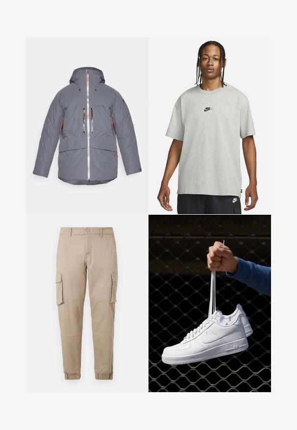 Isolerad grå jacka med huva, utrustad med svarta och orange dragkedjefickor, full dragkedja fram och justerbara ärmslut. Vattenavvisande material.; Ung person med flätat hår iklädd en ljusgrå Nike T-shirt och svarta Nike-shorts framför en enkel vit bakgrund.; Beiga cargobyxor i ett lätt bomullsmaterial. Har elastiska mudd, flera sidofickor och en knappstängning.; Vita lädersneakers med perforeringar, rund tå, platt sula och tjocka snörning, med en synlig swoosh-logga och "AIR" på hälen.