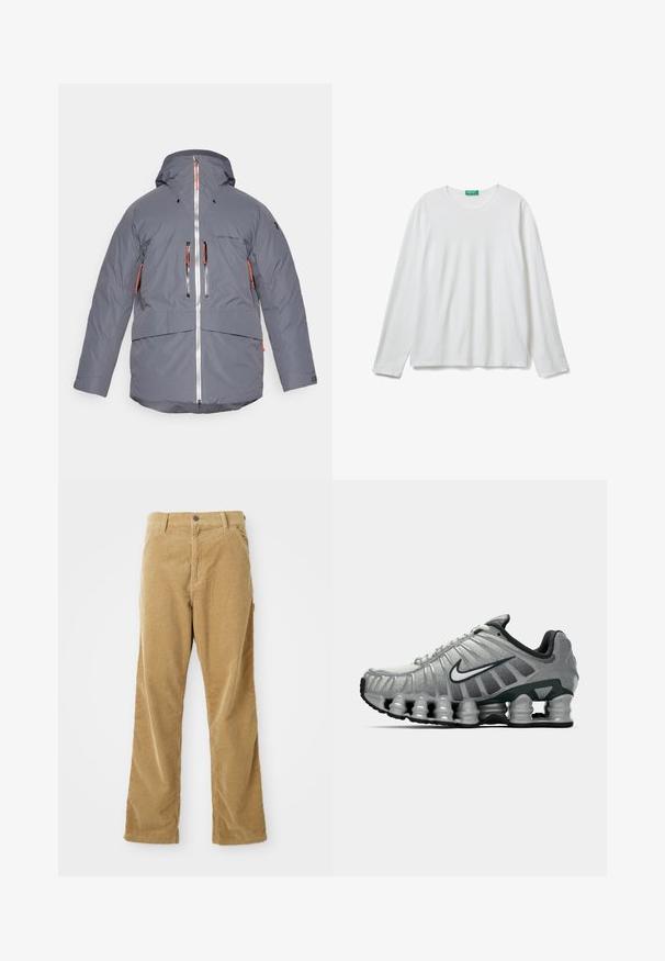 Geïsoleerde grijze jas met een capuchon, voorzien van zwart en oranje ritszakken, een volledige rits aan de voorkant en verstelbare manchetten. Waterafstotend materiaal.; Effen witte lange mouwen crewneck shirt met een groene label bij de hals, plat gelegd op een witte achtergrond.; Tan corduroy broeken met voorkruiden, riemlussen, knoopsluiting en rechte pijpen, plat gelegd op een witte achtergrond.; Grijze en zwarte Nike hardloopschoen met zichtbare veerachtige demping onder de zool en een wit swoosh-logo aan de zijkant.
