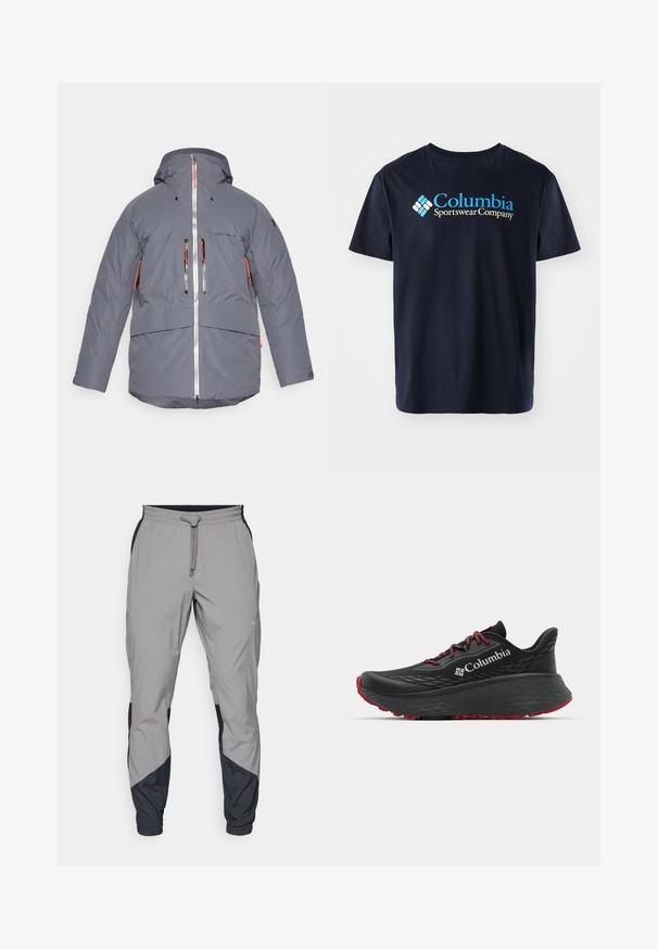 Eristetty harmaa takki hupulla, jossa on mustat ja oranssit vetoketjulliset taskut, täysipitkä vetoketju edessä ja säädettävät hihansuut. Vedenkestävä materiaali.; Columbia BASIC LOGO™ SHORT SLEEVE - Printtipaita - black; Kevyet, harmaat urheiluhousut mustilla yksityiskohdilla. Joustava vyötärö, nyöri sulkeminen, kapeat lahkeet ja sivutaskut.; Musta urheilukenkä, jonka pinnassa on tekstuuri, punaiset nauhat ja logo. Paksu pohja, jossa on kuvioitu pito. Minimalistinen muotoilu, sivunäkemys.