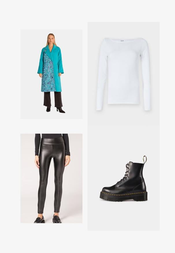 Türkiser Mantel mit einem Schalkragen und blumigem Muster entlang der Vorderseite; getragen über dunklen Hosen mit glitzernder Textur.; Weißes Langarmshirt aus Baumwollmischung mit runden Ausschnitt und schmaler Passform. Keine sichtbaren Muster oder Akzente.; Schwarze, synthetische Leder-Leggings mit hoher Taille, glatter Textur und figurbetontem Design, das eine elegante Silhouette und minimalistische Details bietet.; Schwarze Leder-Schnürstiefel mit knöchelhohem Schaft, einer robusten schwarzen Sohle und gelben Nähten. Verfügt über eine Lasche hinten und runde Metallösen.