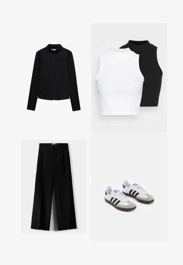 Mango Let jakke / Sommerjakker - black; To kjoleløse ribbede turtleneck-toppe i sort og hvid, med en tætsiddende design og glat tekstur, samt cropped længde.; Sorte brede bukser lavet af letvægtsstof, med frontknaplukning og glat front, samt pænt syede kanter.; Sportsko med en overdel i hvid læder, grå ruskind på tåen og tre sorte striber. Har et blåt logo på tungen og en struktureret gummisål.