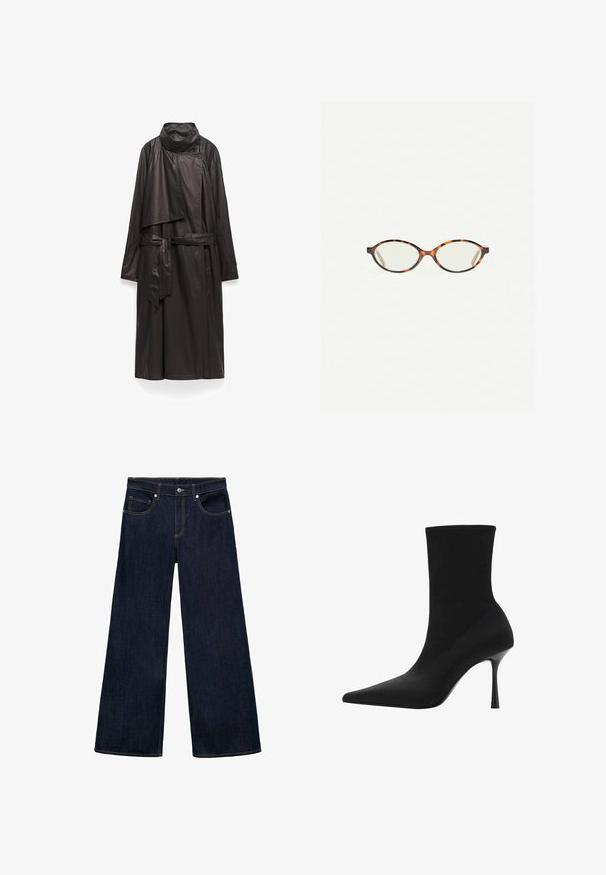 Lungo cappotto nero realizzato in materiale lucido, caratterizzato da un alto collo, design avvolgente e vita con cintura. Include maniche lunghe e morbide e dettagli minimi.; Maglione grigio chiaro a maniche lunghe realizzato in un materiale morbido e peloso, con scollatura rotonda e vestibilità rilassata. Senza motivi visibili o accessori.; T-shirt bianco a maniche corte realizzato in cotone. Presenta un collo tondo e una vestibilità rilassata. Texture liscia senza motivi o dettagli visibili.; Jeans wide-leg in denim blu scuro con vita alta, dotati di cinque tasche, chiusura con bottone in metallo e dettagli di cucitura in vista.; Stivale alla caviglia nero con punta affusolata, parte superiore in tessuto elasticizzato e un elegante tacco a spillo alto. Texture liscia con un design minimalista.; Occhiali in tartaruga con lenti ovali e una finitura liscia e elegante. Presentano aste sottili con una leggera curva alle tempie. Lenti trasparenti.; Sciarpa triangolare beige lavorata a maglia con estremità appuntite, con etichetta del marchio e tag di certificazione vicino al bordo superiore.