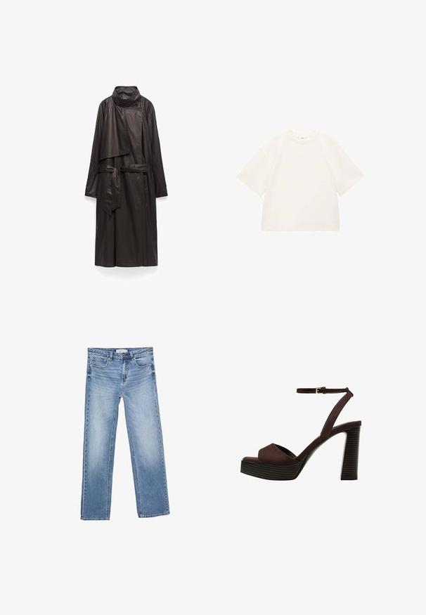 Langer schwarzer Mantel aus glänzendem Material, mit hohem Kragen, Wickeldesign und tailliertem Bund. Besitzt lange, lockere Ärmel und minimale Details.; Übergroßes weißes Baumwoll-T-Shirt mit kurzen Ärmeln, rundem Ausschnitt und glatter Textur. Keine Muster oder sichtbaren Hardwaredetails.; Gerade geschnittene blaue Denim-Jeans mit einer verblassten Waschung, fünf Taschen und einer klassischen Knopfleiste. Aus Baumwollmaterial mit auffälligen Nähten.; Braune Wildleder-Pumps mit offenem Zeh, verstellbarem Knöchelriemen und gestreiftem Plateausohlen.