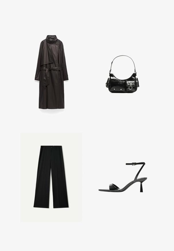 Długi czarny płaszcz z błyszczącego materiału, z wysokim kołnierzem, krojem owijanym i paskiem w talii. Posiada długie, luźne rękawy oraz minimalistyczne wykończenie.; Czarny krótki top z długim rękawem, okrągłym dekoltem, gładkim wzorem i lekko zaokrąglonym dołem.; Bershka WIDE czarny; Bershka - Sandały na obcasie; Czarna torebka z lakierowanej skóry o zaokrąglonym kształcie, z jednym paskiem na ramię, przednimi kieszeniami i akcentami w kolorze srebrnym.
