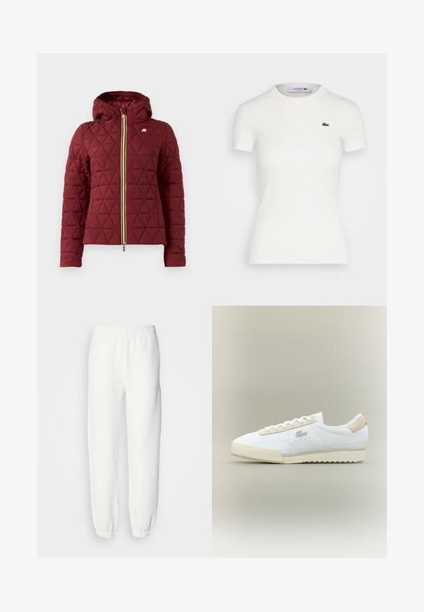 Šarlátová prešívaná bunda s kapucňou, s predným zipsom a viacfarebnou páskou. Na prsiach je viditeľný diamantový vzor a detail loga.; Biela krátkorpová ribkovaná tričko s okrúhlym výstrihom a malým zeleným logom krokodíla Lacoste na ľavej hrudi. Hladká bavlnená tkanina.; Biele tepláky vyrobené z mäkkej pletenej tkaniny. Elastický pás a manžety zabezpečujú uvoľnené nosenie. Minimalistický dizajn, bez viditeľných vzorov alebo akcentov.; Biele kožené tenisky s béžovým semišovým detailom. Majú zaoblenú špičku, ploché šnúrky a štruktúrovanú podrážku. Na boku je logo Lacoste.