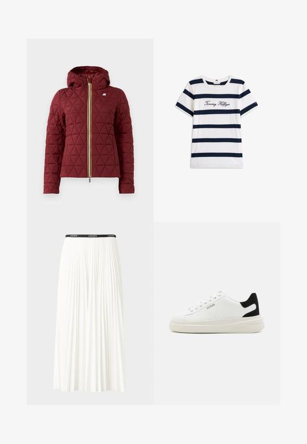 Giacca trapuntata cremisi con cappuccio, dotata di una zip frontale con nastro multicolore. Il motivo a diamante e il dettaglio del logo sul petto sono visibili.; T-shirt in cotone con righe orizzontali blu navy su sfondo bianco. "Tommy Hilfiger" ricamato in corsivo sul petto. Collo a giro.; Gonna bianca plissettata con elastico nero in vita che presenta il logo "LACOSTE". Design di lunghezza media con texture morbida.; Sneaker bianchi in pelle con suola spessa bianca, accento in suede nero sul tallone e logo impresso sul lato. Design con lacci e sei fori per i lacci.