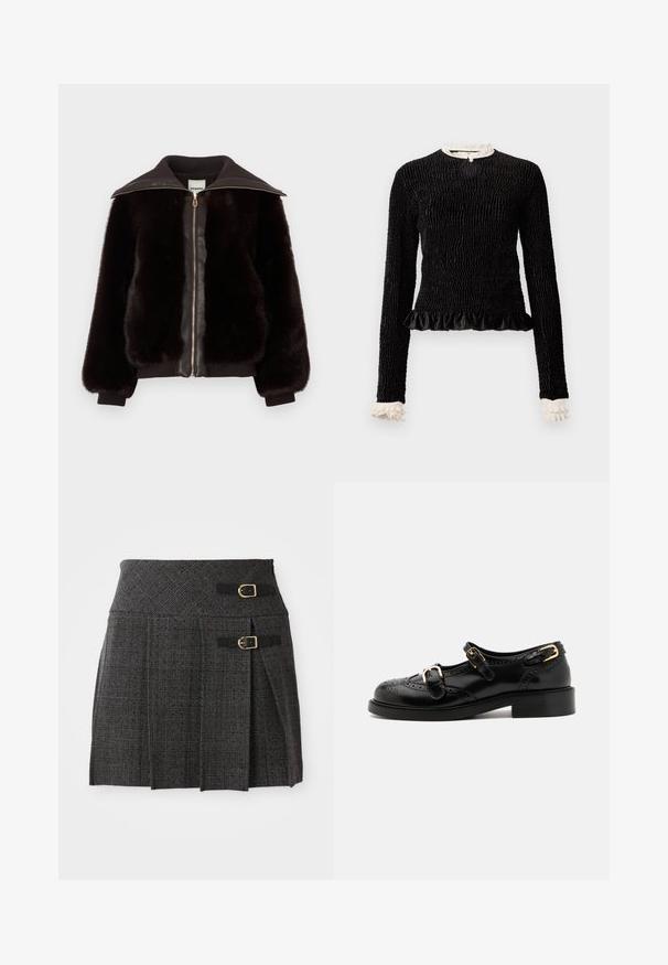 Faux fur bomberjakke i mørkebrun med læderfront, guld lynlås og ribbede manchetter og krave for ekstra tekstur og kontrast.; Sort langærmet top med struktureret stof, flæset kant og hvide flæsede detaljer ved kraven og manchetterne. Har en centralt loopet lukning.; Grå plaid nederdel med en tætsiddende talje, der har dobbelt spænde og plisseringer. Fremstillet af tekstureret stof med et vævet design.; Sorte lædersko med brogue-detaljer, der har to spænder, rund tå og lav hæl. Glat tekstur med blank finish.