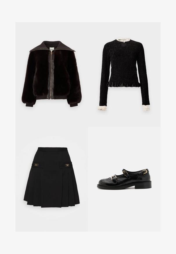 Tekkekile foxi karusnahkade jakk tumespruunis, millel on nahkne esiosa, kuldne tõmblukk ning soonikust mansetid ja krae, mis lisavad tekstuuri ja kontrasti.; Must mustriga mustega, tekstuuriga kanga, volangäärtega ja valgete volangakinnitustega kaeluses ja varrukates. Omab keskel aasakinnitust.; Must mustriga seelik kuldsete detailidega. Omab küljetaskuid logodetailidega, valmistatud siledast materjalist. A-laineline siluett.; Mustal nahast kingad brogue-tekstiiliga, millel on kaks pandla rihma, ümar varvas ja madal konts. Sujuv tekstuur ja läikiv viimistlus.