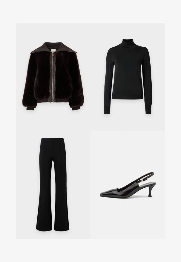 Jakna od umjetnog krzna u tamnosmeđoj boji s prednjim dijelom od kože, zlatnim patentnim zatvaračem te rebrastim manžetama i ovratnikom za dodatnu teksturu i kontrast.; Crna dugosruga majica s rolijom i rebrastim manžetama i donjim rubom, prikazana na jednostavnoj bijeloj pozadini.; Crne siraste hlače visokog struka, izrađene od rastezljivog materijala. Imaju vertikalne šavove sprijeda i glatku teksturu.; Crne lakirane slingback visoke potpetice s oštrim prstom i detaljem srebrne kopče na peti, s glatkim, sjajnim završetkom.