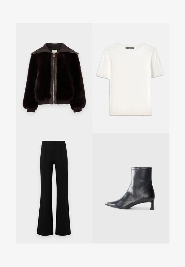 Bunda ar mākslīgām kažokādām tumši brūnā krāsā ar ādas priekšpusi, zeltītu rāvējslēdzēju un ribotiem piedurkņu un apkakles elementiem, kas piešķir papildu tekstūru un kontrastu.; Balta īsām piedurknēm adīta blūze ar apaļu kakla izgriezumu, kurai ir gluda tekstūra un smalki riboti akcenti pie piedurknēm un apakšmalas.; Melnas platas bikses ar augsto jostasvietu, izgatavotas no elastīga auduma. Satur vertikālas šuvju detaļas priekšpusē un gludu tekstūru.; Melnas ādas potītes zābaki ar norādītu pirkstu un elegantu dizainu. Iezīmē zemu papēdi un rāvējslēdzēja aizdari aizmugurē. Gluda tekstūra.