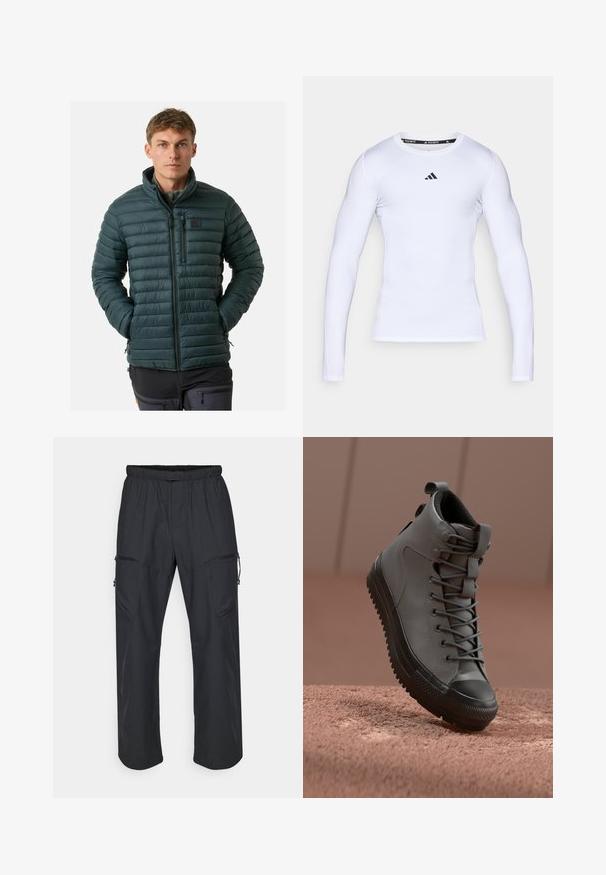 Ciemnozielona puchowa kurtka z poziomym pikowaniem, wysokim kołnierzem, zamek błyskawiczny z przodu i kieszenią na piersi. Lekka i gładka w dotyku.; Biała, długa koszulka sportowa z długim rękawem, wykonana z elastycznego materiału, z okrągłym dekoltem i czarnym logo Adidas na piersi.; Czarne spodnie cargo z elastycznym paskiem, dwoma kieszeniami na zamek oraz lekkim, gładkim materiałem.; Wysokie trampki ze szarej skóry z teksturowanym wykończeniem, czapka z czarnej gumy na palcach i szare sznurówki. Posiadają pętelkę na pięcie.