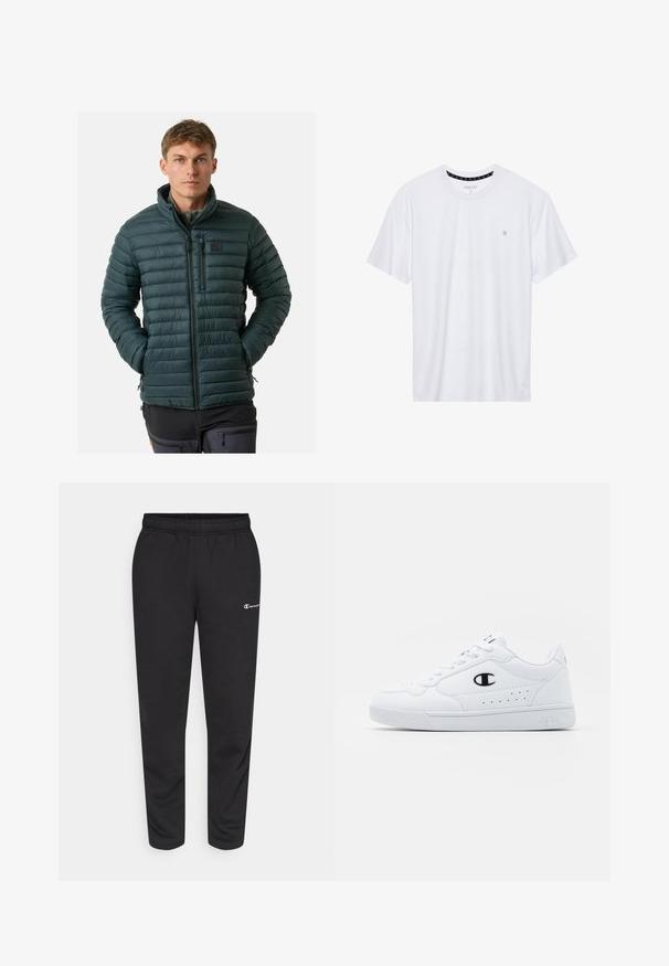 Dunkelgrüne Steppjacke mit horizontaler Steppung, hohem Kragen, Reißverschluss vorne und Brusttasche. Leicht und mit glatter Textur.; Weißes Crewneck-T-Shirt aus Baumwolle, mit kurzen Ärmeln und einem kleinen, auf der linken Brustseite gestickten Logo. Weiche Textur.; Schwarze Sweatpants aus Baumwollmischung, mit elastischem Bund und einem kleinen weißen Logo auf der linken Seite. Schmal zulaufendes Bein.; Weißes sportliches Sneakerpaar mit glattem, synthetischen Obermaterial, schwarzem Logo-Akzent und perforierten Details an der Seite. Gummisohle.
