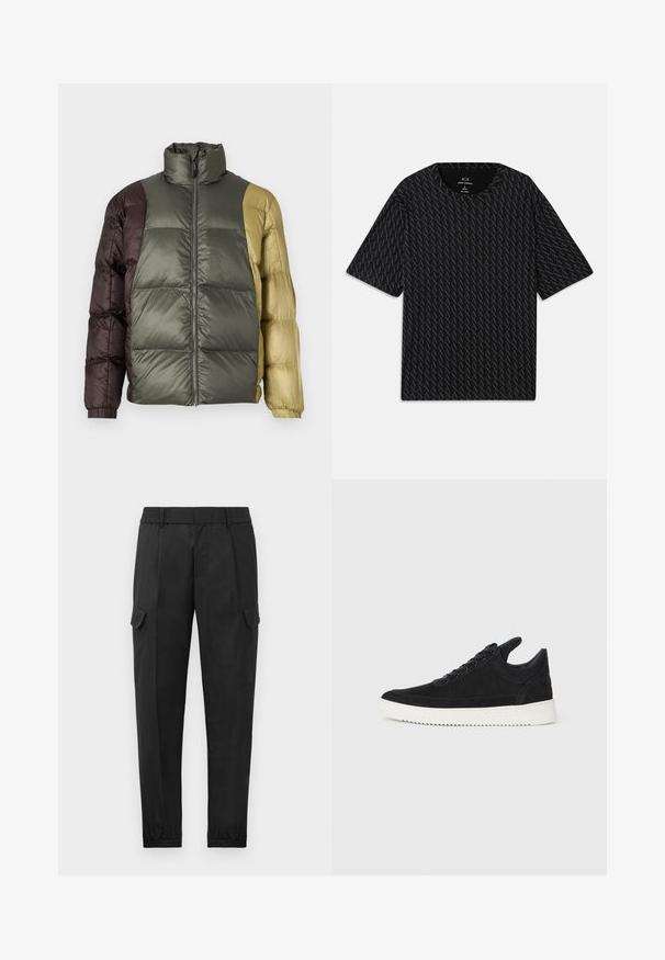 Jaqueta puffer em bloco de cores com colarinho alto, fecho frontal e mangas longas nas tonalidades verde-oliva, castanho e bege.; Camiseta preta com um padrão texturizado de logótipos 'A' alternados, mangas curtas e decote redondo. Feita de tecido leve.; Calças cargo pretas com uma cintura elástica, perna afunilada, bolsos laterais e um único bolso cargo na coxa esquerda. Textura suave.; Sapatilha de camurça preta com sola de borracha branca, apresentando costuras tonais e um design com atacadores. Textura suave com uma forma moderna e simplificada.