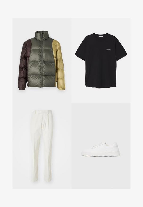 Värvide plokiga pustjakott kõrge kraega, ees oleva lukuga ja pikkade varrukatega oliivirohelise, pruuni ja beeži tooni.; Must musta T-särk, ümar kaelus, lühikesed varrukad ja valge logo trükk vasakul rinnal. Lihtne, ühtlane värvitoon.; Valged puuvillased püksid, millel on sirge lõige, lapik eesmine osa ja ilma nähtavate mustrite või detailideta. Sile tekstuur.; Valge jooksutoss, millel on siledast nahast ülemine osa, ümmargune nina, paelad, tekstuuriga küljeaktsendid ja paks kummitald. Minimalistlik disain.