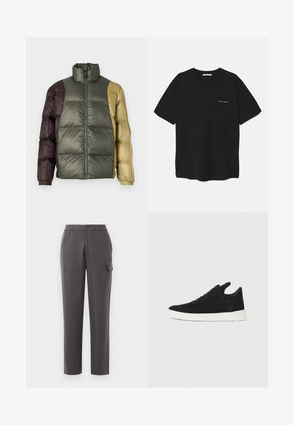 Color-blocked puffer jacket with high collar, front zipper, and long sleeves in olive green, brown, and beige shades.; Black cotton T-shirt with a crew neck, short sleeves, and a white logo print on the left chest. Simple, solid color design.; Gray pants with a relaxed fit, made from a smooth fabric. Features a button closure, side pockets, and a cargo pocket on the leg.; Black suede sneaker with a white rubber sole, featuring tonal stitching and lace-up design. Smooth texture with a modern, streamlined shape.