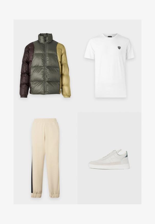 Krāsu bloku puffa jaka ar augstu apkakli, priekšējo rāvējslēdzēju un garām piedurknēm olīvzaļā, brūnā un bēšā krāsā.; Balts kokvilnas T-krekls ar īsām piedurknēm, ar mazu melnu logotipu kreisajā krūtīs. Klasiska apļveida apkakles forma.; Krēmkrāsas sporta bikses ar melnām sānu joslām, elastīgu jostasvietu un ribotu piedurkni. Mīksta auduma, ar brīvu piegriezumu.; Baltas ādas sporta apavi ar pelēka zamšādas akcentiem, saistoša dizaina, ar vilkšanas cilpu un teksturētu gumijas zoli, kas raksturojas ar zigzag rakstu.