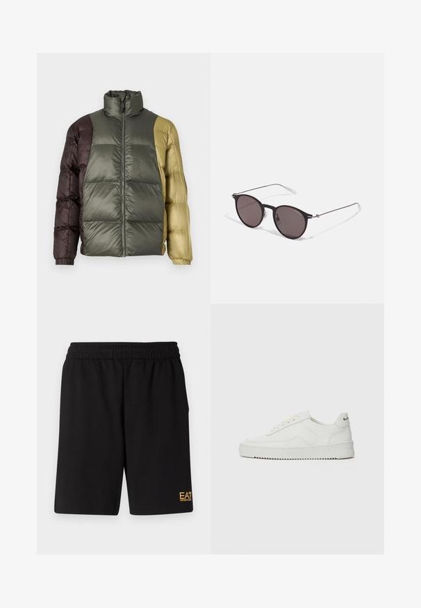 Fargeblokkert pufferjakke med høy krage, glidelås foran og lange ermer i olivengrønn, brun og beige nyanser.; Svart bomulls T-skjorte med rund hals, korte ermer og "EMPORIO ARMANI" logo i hvitt over "Milano" i en buet design.; Sorte treningsshorts laget av mykt stoff, med elastisk midje og en liten gul EA7-logo nederst på venstre ben.; Hvite lærersneakers med en jevn overflate, rund tå, flate lisser og en teksturert såle. Har en subtil logo på hælen.; Sorte, runde solbriller med mørke linser og slanke metalarmer. Inkluderer klare temple tips og sølvfargede detaljer ved hengslet. Minimalistisk design.