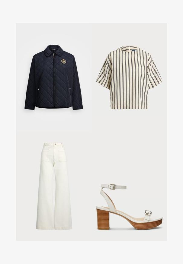 Jūras spēku zili quiltēta jaka ar rāvējslēdzēja priekšpusi, apkakli, sānu kabatām un izšūtu ģerboni. Audums izskatās gluds un viegls.; Kreklus, svītrainā blūze ar īsām piedurknēm, krēmkrāsā un tumši zilā tonī, ar apaļu apkakli un kvadrātveida dizainu, izgatavota no teksturētas auduma.; Platās kājas džinsi off-white denima. Augsta jostasvieta ar pogu aizdari, divas priekšējās kabatas un kontrastējošas šuvju detaļas.; Balti ādas sandales ar potītes siksnu un sudraba sprādzi. Tam ir koka bloku papēdis un gluda platforma.