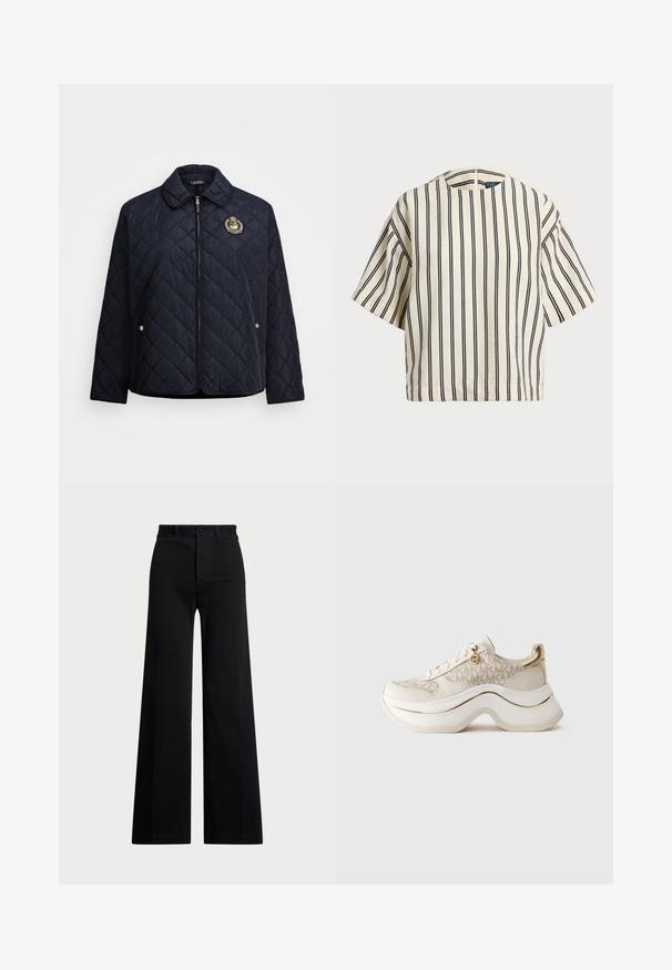 Ναυτική ραμμένη ζακέτα με φερμουάρ μπροστά, γιακά, πλαϊνές τσέπες και κεντητό σήμα. Το ύφασμα φαίνεται λείο και ελαφρύ.; Κοντομάνικο, ριγέ τοπ σε κρέμα και ναυτικό, με στρογγυλή λαιμόκοψη και τετράγωνη γραμμή, φτιαγμένο από υφασμάτινη υφή.; Μαύρο παντελόνι σε φαρδιά γραμμή από υφαντό ύφασμα, με ψηλή μέση, μπροστινή κλείσιμο με κουμπί και πλαϊνές τσέπες. Απαλή υφή με καθαρές γραμμές.; Πλατφόρμα sneakers σε μπεζ και χρυσό με σχέδιο "MK", κορδόνια στην μπροστινή πλευρά, χρυσό γούστο και παχύ κυματιστό σόλα, σε απλό φόντο.