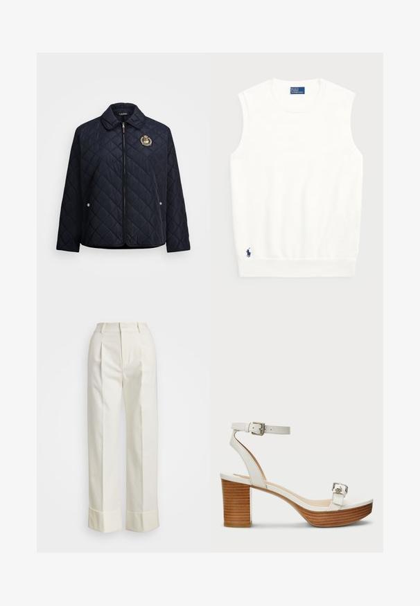 Jūras spēku zili quiltēta jaka ar rāvējslēdzēja priekšpusi, apkakli, sānu kabatām un izšūtu ģerboni. Audums izskatās gluds un viegls.; Balts bezpaliktņa džemperis, izgatavots no gludas kokvilnas, ar ribotu apmalīti un mazu tumši zilu logotipu apakšējā kreisajā stūrī. Vienkārša dizaina, bez rakstiem.; Baltas, piegriezts bikses ar augstu jostu, dubultām priekšējām krokām un platajām kājām ar salocītām malām. Izgatavotas no gludas, strukturētas auduma.; Balti ādas sandales ar potītes siksnu un sudraba sprādzi. Tam ir koka bloku papēdis un gluda platforma.