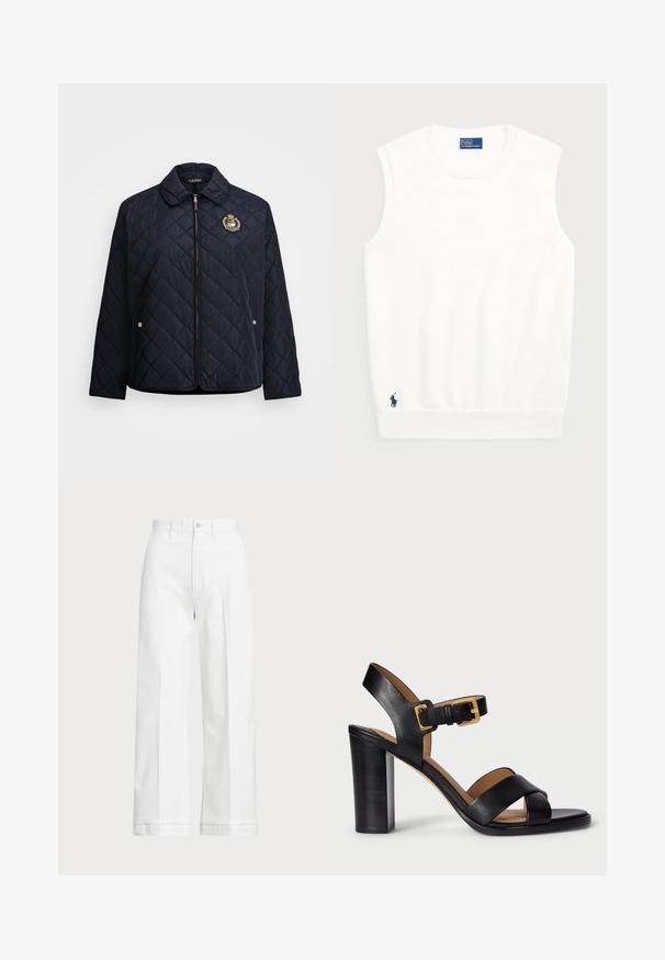 Casaco acolchoado azul-marinho com fecho zip, colarinho, bolsos laterais e um emblema bordado. O tecido parece suave e leve.; Sweater branco sem mangas, feito de algodão liso, com uma bainha canelada e um pequeno logotipo em navy na parte inferior esquerda. Design simples, sem padrões.; Calças brancas de perna larga com uma cintura alta, apresentando um fecho de botão e detalhes de costura discreta. Feitas de algodão com uma textura suave.; Sandálias de salto alto em couro preto com design de tiras cruzadas e fecho com fivela. Apresentam um salto robusto e textura suave.