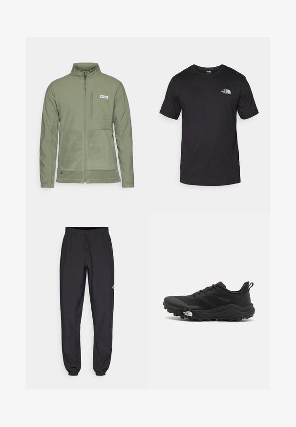 Columbia UNCHARTED™ FULL ZIP - Fliisjakk - cypress; Must have lühikeste varrukatega must T-särk, mis on valmistatud puuvillast, ümmarguse kaelusega ja väikese valge logoga vasakus ülanurgas.; Mustavad sportlikud püksid, mis on valmistatud kergest kangast, joonlauaga taljest, küljetaskudega ja kitsenevate varrukatega pahkluude juures.; Must tume jooksujalats musta värvi, tekstuurse ülemise osaga, kummist tallaga ja tugevdatud varbaga. Omab pehmendusega krae ja tõmblinti mugavaks selga panemiseks.