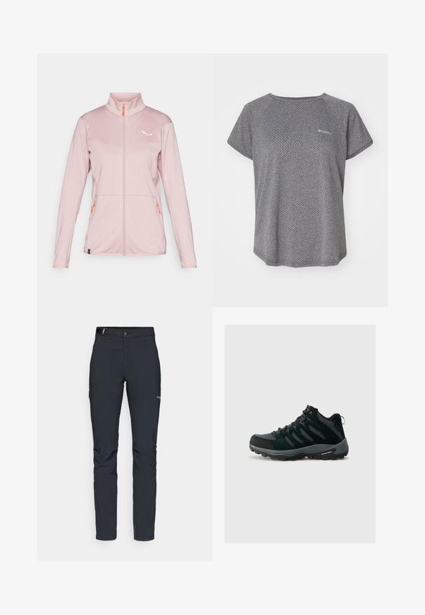 Šviesiai rožinė užtrauktuku užsegama striukė su aukšta apykakle, tekstūruotas audinys, kontrastingas oranžinis užtrauktukas, balta logotipas ant krūtinės ir dvi šoninės kišenės.; Pilkas trumpas rankovėmis marškinėliai su subtiliu tekstūriniu raštu, apvalia iškirpte ir Columbia logotipu ant krūtinės. Minkšta medžiaga, laisvas kirpimas.; Vyrų lauko kelnės, tamsiai pilkos, pagamintos iš elastingos medžiagos, su diržu, užtrauktukais užtraukiamomis kišenėmis ir sustiprinta siūle.; Columbia REDMOND - Turistiniai batai - black/citron haze