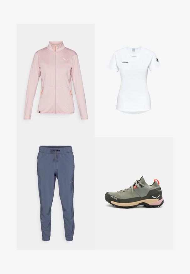 Jasnoróżowa kurtka zapinana na zamek z wysokim kołnierzem, teksturowana tkanina, kontrastowy pomarańczowy zamek, biały logo na piersi oraz dwie boczne kieszenie.; Koszulka sportowa z krótkim rękawem w kolorze białym, z okrągłym dekoltem, z logo na piersi i gładką, lekką teksturą materiału.; Patagonia TERREBONNE niebieski; Lekkie zielone buty trekkingowe z siateczkowymi i gumowymi materiałami, czarną podeszwą zapewniającą przyczepność, różowymi i pomarańczowymi akcentami oraz wzmocnionym czubkiem.