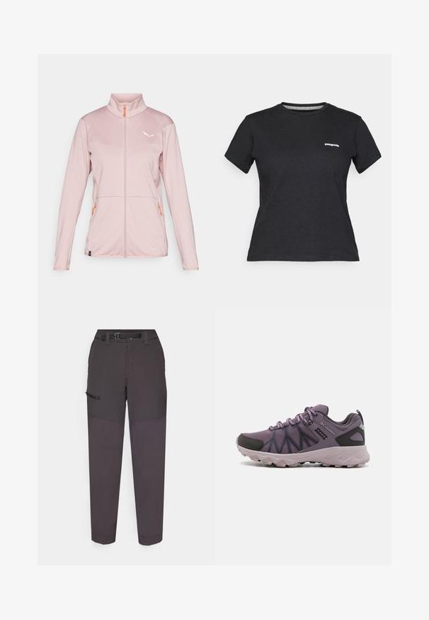 Veste zippée rose clair avec col haut, tissu texturé, fermeture éclair orange contrastante, logo blanc sur la poitrine et deux poches latérales.; T-shirt en coton noir avec un col rond et des manches courtes. Présente un logo "Patagonia" blanc sur le côté gauche de la poitrine.; Pantalons cargo gris foncé en tissu léger, dotés d'une ceinture durable, d'un zip frontal et d'une poche latérale avec un rabat en Velcro.; Chaussures de randonnée légères de couleur violette avec une tige en mesh, des accents noirs, une semelle rembourrée et une semelle extérieure rugueuse pour l'adhérence.