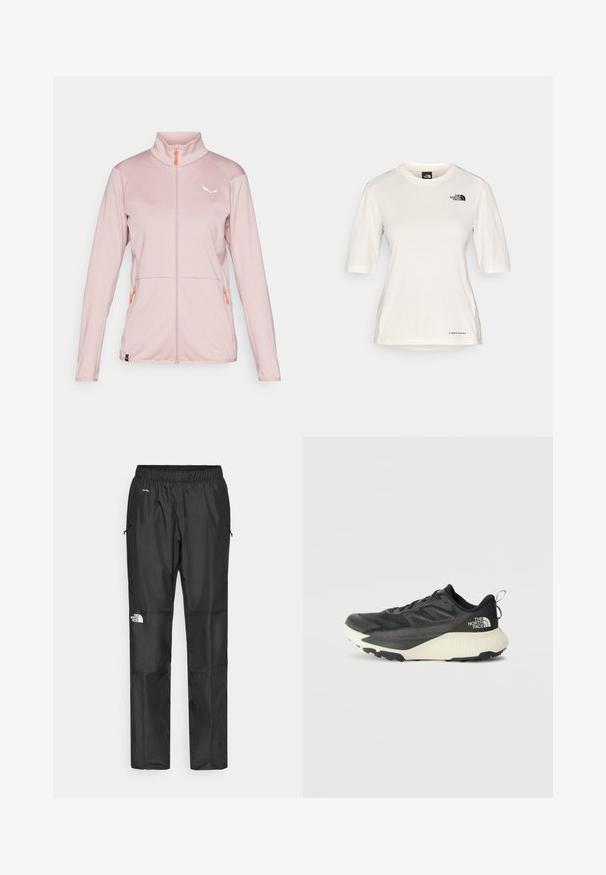 Helle rosa Zip-Jacke mit hohem Kragen, strukturiertem Stoff, kontrastierendem orangefarbenem Reißverschluss, weißem Logo auf der Brust und zwei Seitentaschen.; The North Face SHADOW SHORT SLEEVE - Sport T-Shirt - white dune; Schwarze wasserdichte Hose aus leichtem Material, mit elastischem Bund, Seitentaschen und einem Logo am linken Bein.; Schwarzer Sportschuh mit strukturiertem Obermaterial, ausgestattet mit grauen Akzenten und einer weißen Zwischensohle. Enthält eine Zuglasche und ein markantes Markenlogo an der Ferse.