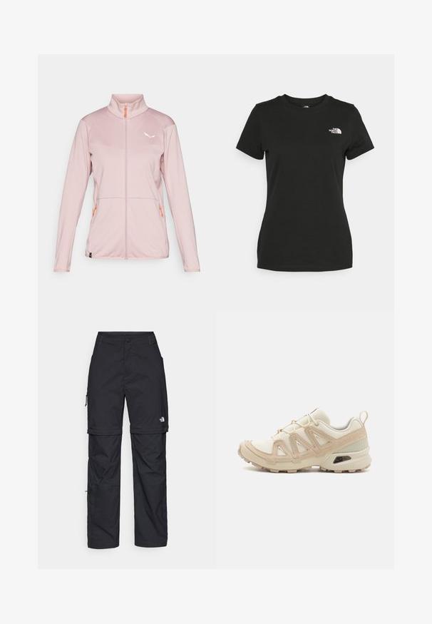 Svijetlo ružičasta jakna na zatvaranje s visokim ovratnikom, teksturirana tkanina, kontrastni narančasti patentni zatvarač, bijeli logo na prsima i dva bočna džepa.; Crna pamučna majica s okruglim izrezom i kratkim rukavima. Istaknuti bijeli logo na gornjoj lijevoj strani. Glatka tekstura, ležeran kroj.; Crne najlon hlače s munjevim zatvaranjem, odvojive cargo hlače s podesivim manžetama, brojnim džepovima i logom na desnoj nozi. Glatka, lagana tekstura.; Bež i kremasti sportski tenisice s teksturiranim mrežastim gornjim dijelom, potpornih preklopa i gumeni potplat s uzorcima za prianjanje.
