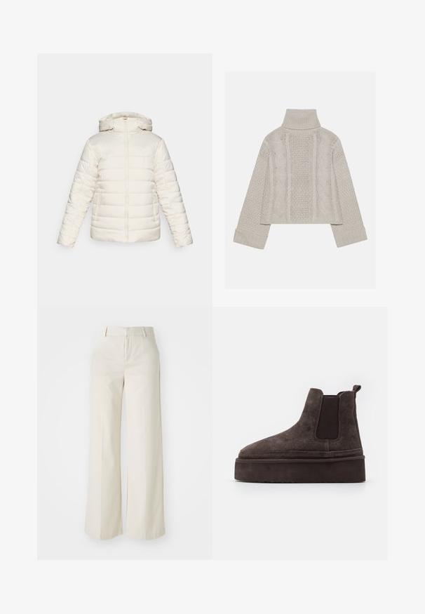 Valge puhvis jakk kapuutsiga, millel on tõmblukk, kaks küljetaskut ja horisontaalne tikandimuster. Logo on esiküljel diskreetne.; Lühendatud, heledast hallist kudumist valmistatud sviiter kõrge kraega ja ribidega mansettidega, millel on tekstuursed nööri mustrid seljal ja külgedel.; Laiad püksid helesbežis värvitoonis, valmistatud siledast kangast. Omavad klassikalist vööd ja siledat fronti puhaste joontega.; Pruunid suede Chelsea saapad elastsete külgpaneelidega ja paksu, tekstureeritud platvormitald. Omab kandmismugavuse jaoks kandaabi kandmisel.