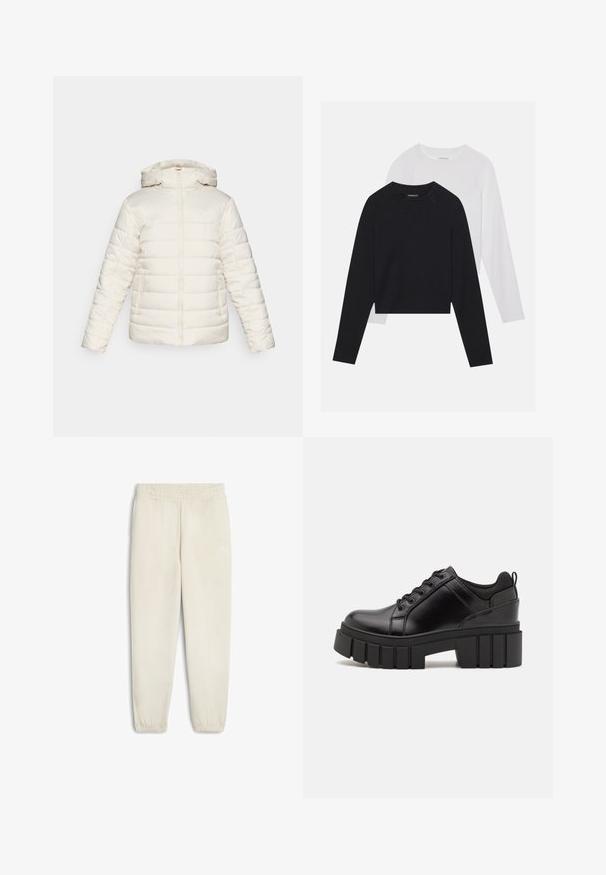 Weiße Puffjacke mit Kapuze, ausgestattet mit einem Reißverschluss, zwei Seitentaschen und horizontalem Steppmuster. Logo dezent auf der Vorderseite.; Zwei langärmelige Hemden: eines schwarz und eines weiß. Beide haben einen Rundhals, Raglanärmel und bestehen aus einem weichen Baumwollmischgewebe.; Helle beige Jogginghosen aus weichem Stoff, mit einem elastischen Bund, Bündchen am Knöchel und einem kleinen weißen Logo an der Seite.; Schwarze Lederplateauschuhe mit klobigem Blockabsatz, runder Zehenpartie und traditionellem Schnürdesign. Verfügt über eine glatte Textur und minimale Details.